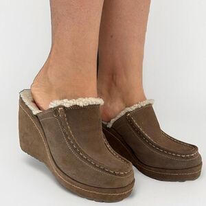 Rocket Dog Womens Clogs Suede Sz 7 M Brown Fur Wedges Heeled Y2k